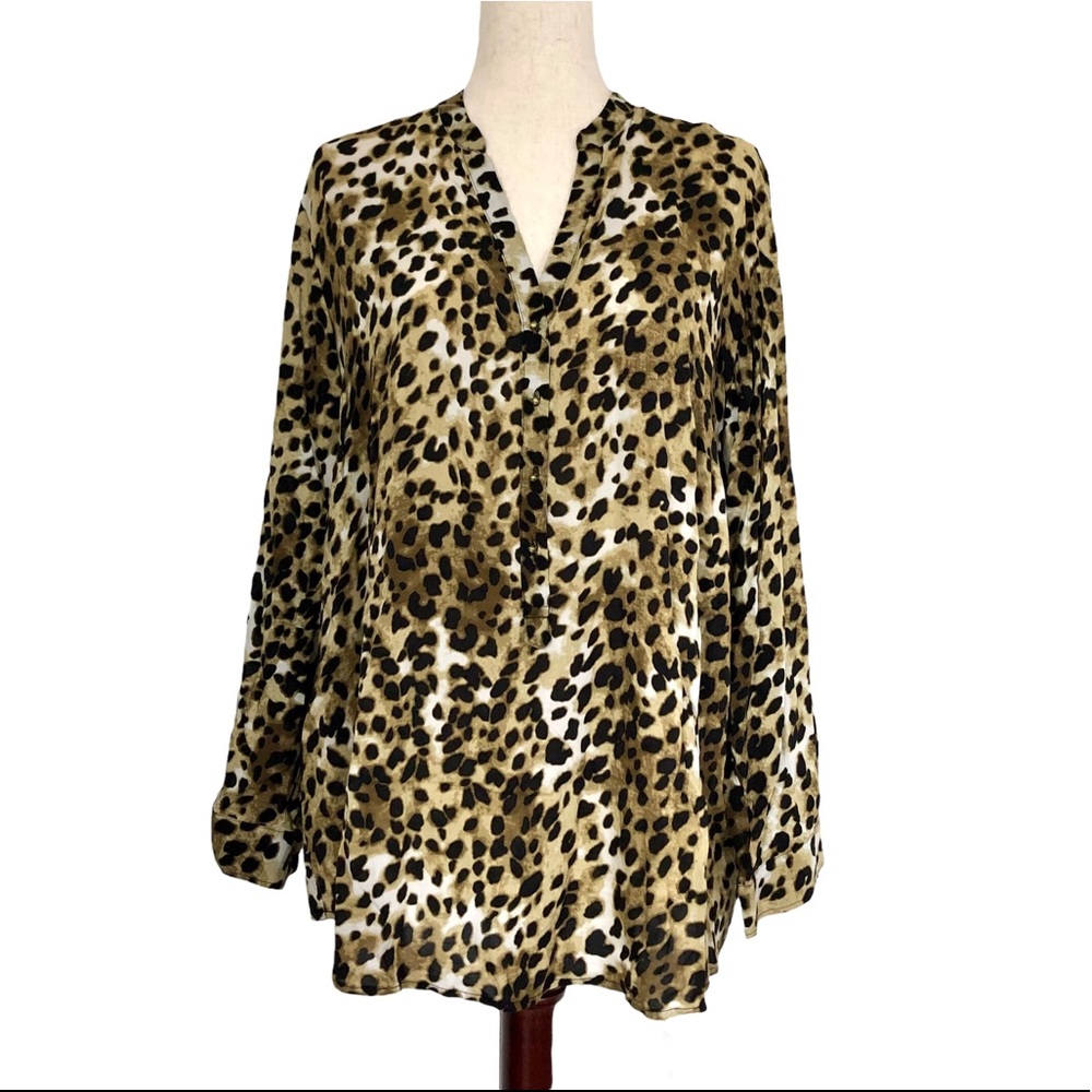 Philosophy Women’s Split Neck Long Sleeve Henley Blouse, Leopard Print Size 1X